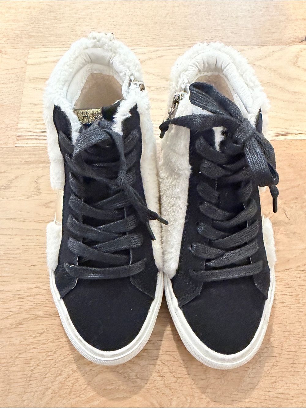 Black and White Faux-Shearling High-Top Sneakers
